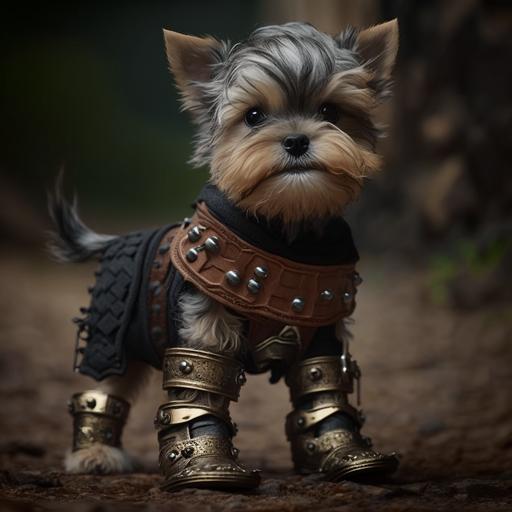 a morkie dressed in battle armour biting somones ankle