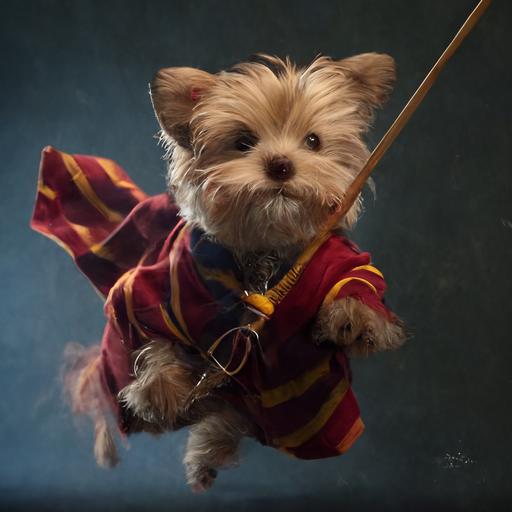 a morkie dressed like harry potter playin quidditch