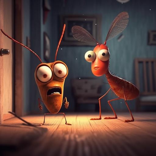 a mosquito and a cockroach, cartoon, cinematic