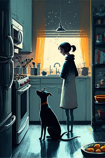 a mother who lovingly prepares food for the family in the kitchen, a small black dog is watching, smooth, comic, abstract --ar 2:3