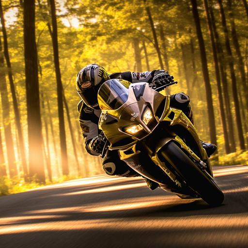 a motorcycle racer leant over at high speed with their knee and elbow touching the ground on a quiet forest road early in the morning, with the sun visible through the trees. The rider is wearing a leather suit and a helmet and riding a superbike
