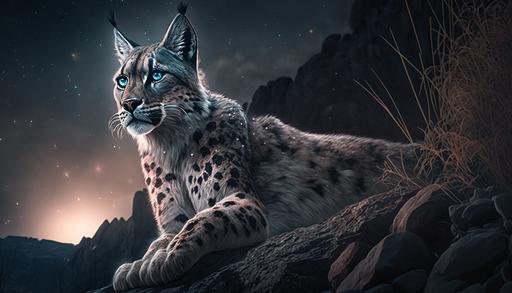 a mountain Lynx guarding his lair, looking at you with piercing diamond eyes :: realism, majestic, cinematic lights, dandalions in the air --ar 16:9 --q 2 --v 4