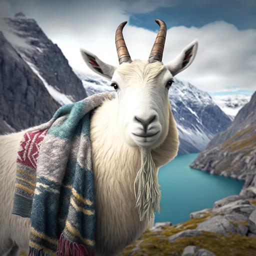 a mountain goat in a scarf takes a selfie against the backdrop of mountains, realistic, 4k