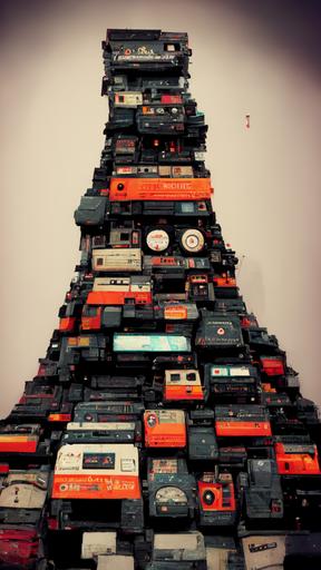 a mountain made of hundreds of vintage cassette players stacked in a jumble --version 3 --ar 9:16 --v 4