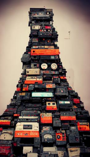 a mountain made of hundreds of vintage cassette players stacked in a jumble --version 3 --ar 9:16 --v 4