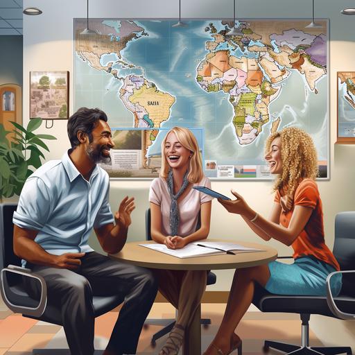 a multicultural couple talking to a travel agent in a travel agency with holidays and maps on the wall and airplanes cartoon style highly realistic and high quality