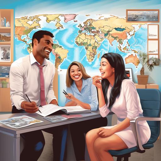 a multicultural couple talking to a travel agent in a travel agency with holidays and maps on the wall and airplanes cartoon style highly realistic and high quality