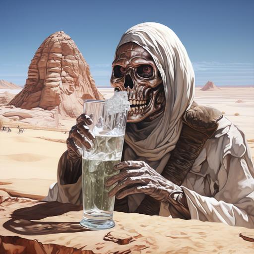 a mummy drinking a glass of ice cold carbonated water in the dry desert pyramids in the background.