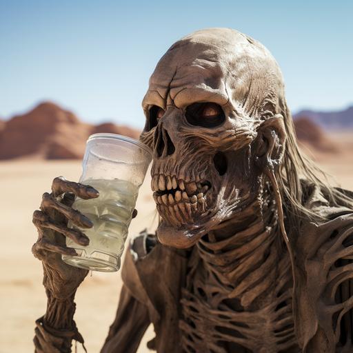 a mummy drinking a glass of ice cold carbonated water in the dry desert pyramids in the background.