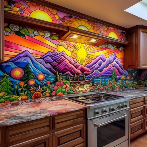 a mural as the backsplash of a kitchen. Sun and mountains. Bright colors. Heather brown style