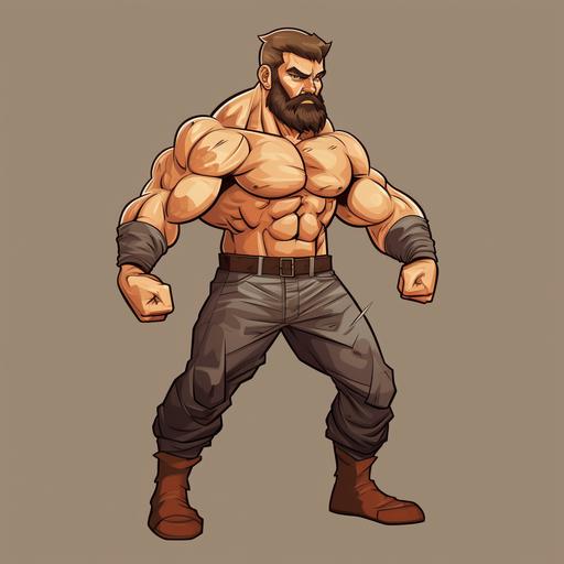 a muscle man cartoon punching, 2D Vector colored, average detailing, full body view, side perspective