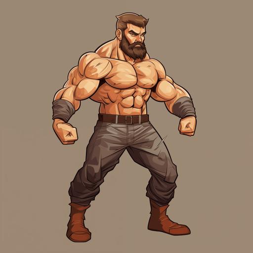 a muscle man cartoon punching, 2D Vector colored, average detailing, full body view, side perspective