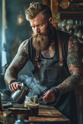 a muscular dude with a beard in hip clothes who makes coffee, brews beer and vapes. --ar 2:3 --v 6.0
