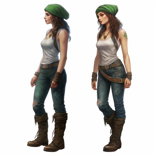 a muscular girl with brown hair,green eyes,wearing a green bandana on her head,a sleeveless white crop top,vintage blue denim jeans, and doc marten boots