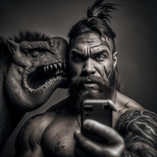 a muscular neanderthal caveman with tribal tattoos, making a duck-face selfie in front of a scary dinosaur; cinematic shot, similar to photos taken by ARRI and by sony and by canon and by Nikon and by Hasselblad; incredibly detailed, sharpened, details, with professional photography lighting, lightroom gallery, behance photographs, unsplash