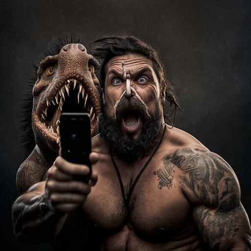 a muscular neanderthal caveman with tribal tattoos, making a duck-face selfie in front of a scary dinosaur; cinematic shot, similar to photos taken by ARRI and by sony and by canon and by Nikon and by Hasselblad; incredibly detailed, sharpened, details, with professional photography lighting, lightroom gallery, behance photographs, unsplash