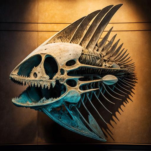 a museum display of the fossil of a giant fish::10, bones::5, warm tones, only dark brown, light brown, light Grey, coral pink, dark wood, glass, gold plaque --uplight --v 4