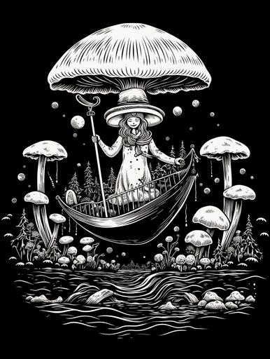 a mushroom-shaped sailor drives a Venetian gondola, god, a magic mushroom driving a Venetian gondola, ink art, stencil, t-shirt design, white paint on black background --ar 3:4