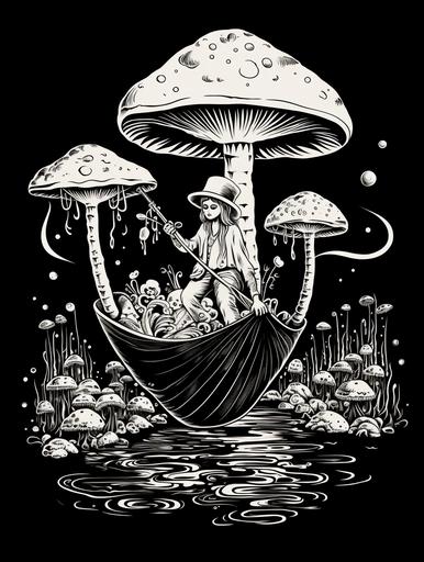a mushroom-shaped sailor drives a Venetian gondola, god, a magic mushroom driving a Venetian gondola, ink art, stencil, t-shirt design, white paint on black background --ar 3:4