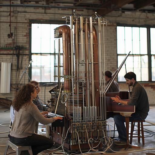 a musical instrument built with found materials, metals, using strings that takes up an entire warehouse and is meant to be played by 4 people. Include the people playing it