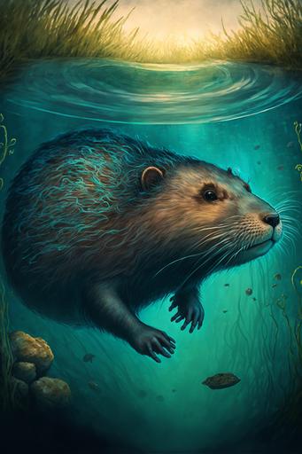 a muskrat swimming to the bottom of the ocean to collect dirt for turtle island --ar 2:3 --v 4