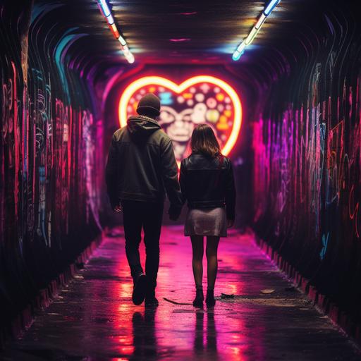 a mysterious man walking in a tunnel wearing a jacket with heart shaped stickers on the jacked at dusk while a girl walking in the opposite direction pulls a sticker from his jacket.