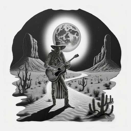 a mysterious traveler folk singer cowboy holding a guitar in the desert under a full moon, drawn in the style of Salvadore Dali and Alex Grey
