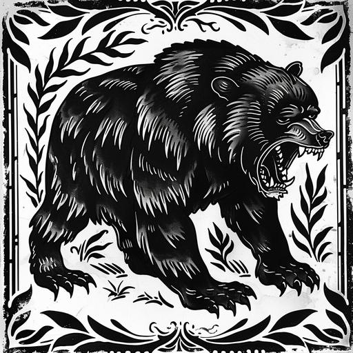 a mystic bear, standing, woodcut style, medieval elements, snarling, blackwork tattoo --v 6.0