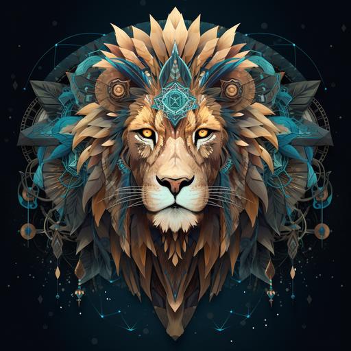 a mystic lion head with fractals, peacock feathers and indian elements in polygon style