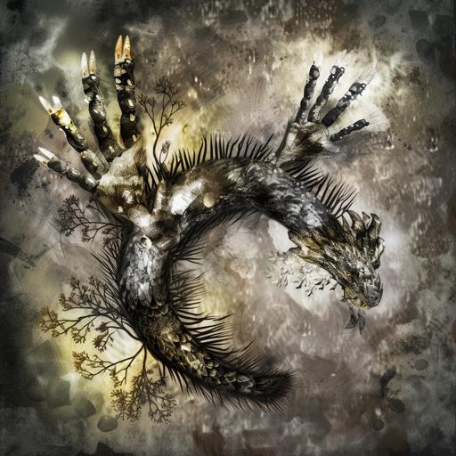 a mythical loong dragon body is comprised of jointed segments resembling fingers knuckles and nail-like scales. The dragon's mane is a series of delicate, hair-like tendrils, each resembling a whisper-thin finger. Wings are made of countless fingers and a mouth with teeth shaped like sharpened fingernails. The dragon is depicted soaring through an ethereal landscape, the spirit of 'Extra Manum,' transcending ordinary boundaries of form and function, in a style that merges traditional imagery with avant-garde aesthetics, glowing with an ethereal light. --s 0 --c 33 --v 6.0 --no vignette, depth of field