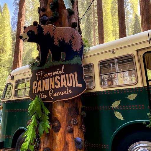 a national forest themed party bus, forest foliage hanging off of bus, lumberjack theme, black bear hanging off the side of bus, with national forest sign outside beside it, bus placed in los angeles