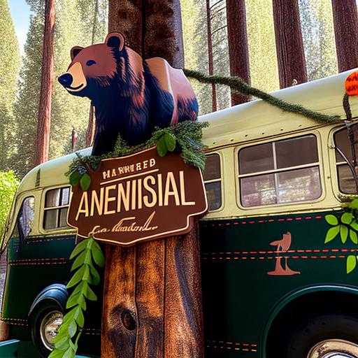 a national forest themed party bus, forest foliage hanging off of bus, lumberjack theme, black bear hanging off the side of bus, with national forest sign outside beside it, bus placed in los angeles