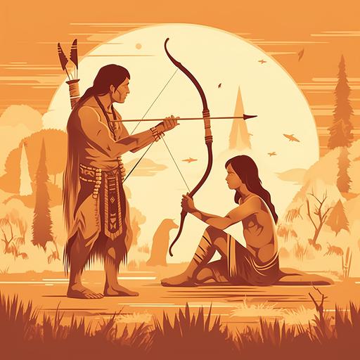a native american father with his son showing him how to hunt deer with a arrow, cartoon style orangy sepia
