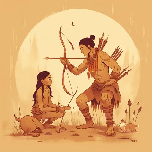 a native american father with his son showing him how to hunt deer with a arrow, cartoon style orangy sepia