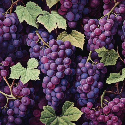a natural road-like polychrome gouache pattern of a bunch of different shades of very realistic and natural purple grapes, inspired by @lolafaturotiloves, seamless micro detail, in a claustrophobic, 1 : 1 hyper illustration, wallpaper”, platinum, where's wally, warm mood, hunter hunter, grafity