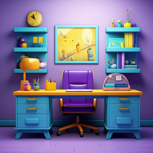 a neat office desk for a women cartoon vivid colors purple yellow and turquoise