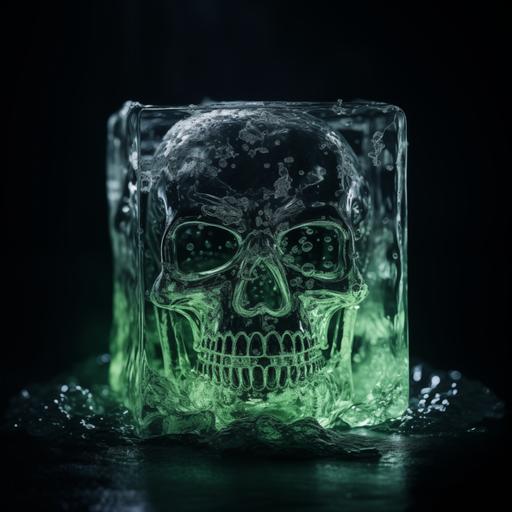 a neon green black skull inside a frozen ice cube, v5