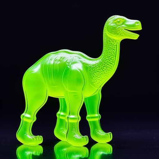 a neon green plastic toy dromedary dinosaur figure from the 1970s, retro, vintage product, retro photography --v 5.2
