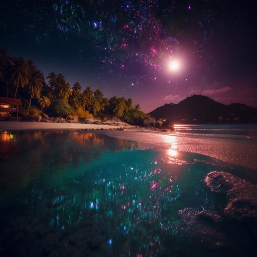 a neon moon shines over a beautiful beach on Koh Phangan at night, neon lights shine on the beach, thousands of neon stars, neon reflections in the ocean, neon palm trees, magnificent colors, absolute photorealism, perfect detail, fantastical --v 5.0