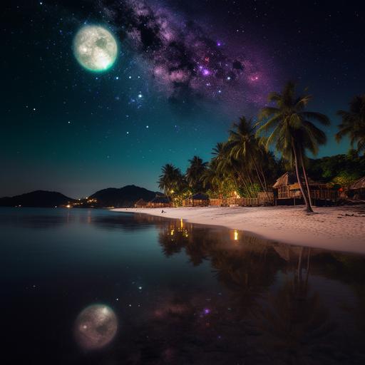 a neon moon shines over a beautiful beach on Koh Phangan at night, neon lights shine on the beach, thousands of neon stars, neon reflections in the ocean, neon palm trees, magnificent colors, absolute photorealism, perfect detail, fantastical --v 5.0