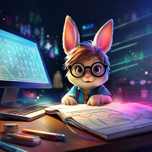 a nerd rabbit wearing glasses and doing some data analysis. disney style, colorfull