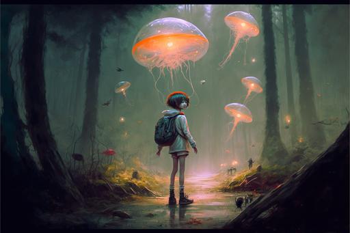 a nerdy boy in pants, with a backpack, with glasses walks towards a ufo landed in the woods, an orange jellyfish like orb floats toward him, dropping off a spherical orb in the water  --seed 333121297 --ar 3:2 --v 4 --v 4