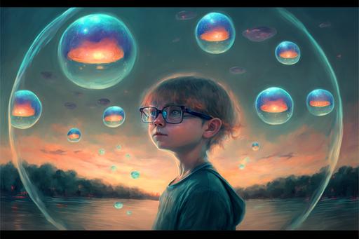 a nerdy boy with glasses aged 12 dreams of floating orb like jellyfish, orange orbs, ufos, a distant planet, a beautiful tribe of alien girls, a gas giant, nebula, stars, galaxy, a beautiful abstract fractal dream  --seed 12129712 --ar 3:2 --v 4