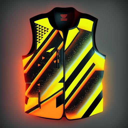 a new design for a high-visibility vest with a pattern with glitches designed to be eye-catching. Yellow and red Neon colours with black and silver. --v 4