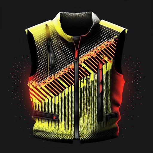 a new design for a high-visibility vest with a pattern with glitches designed to be eye-catching. Yellow and red Neon colours with black and silver. --v 4