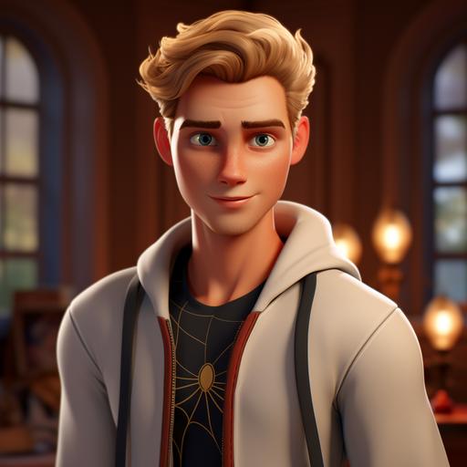 a new spiderman without a mask, looks like a disney prince, blond hair and green eyes, head to foot, 3d disney cartoon style