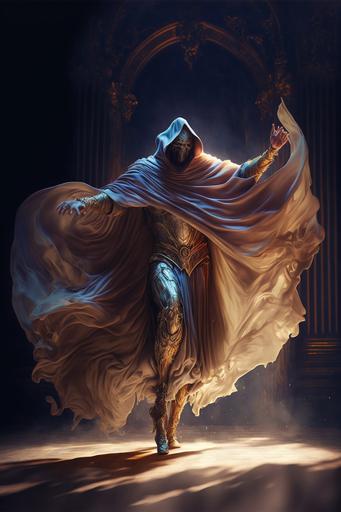 a new superhero, The Curtain Crusader, dynamic action pose, long flowing curtain cape, mix of renaissance and art nouveau styles, cinematic lighting, raking light --ar 2:3 --v 4