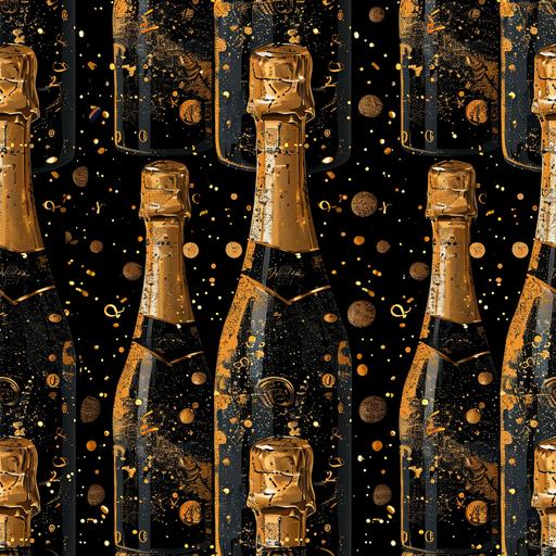 a new year's party pattern with bottles of champagne, a digital rendering by Edna Mann, shutterstock contest winner, international typographic style, black background, repeating pattern, y2k aesthetic, --tile --s 200 --v 6.0