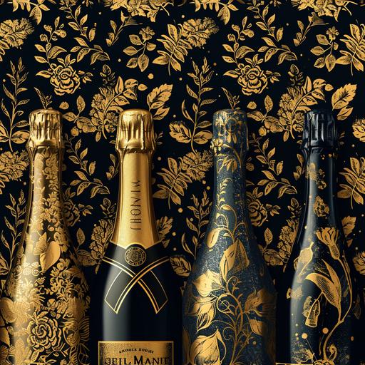 a new year's party pattern with bottles of champagne, a digital rendering by Edna Mann, shutterstock contest winner, international typographic style, black background, repeating pattern, y2k aesthetic, --tile --s 200 --v 6.0