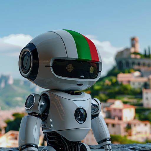 a nice and friendly looking chatbot with the Italian flag (green, white and red) and in the background an Italian country